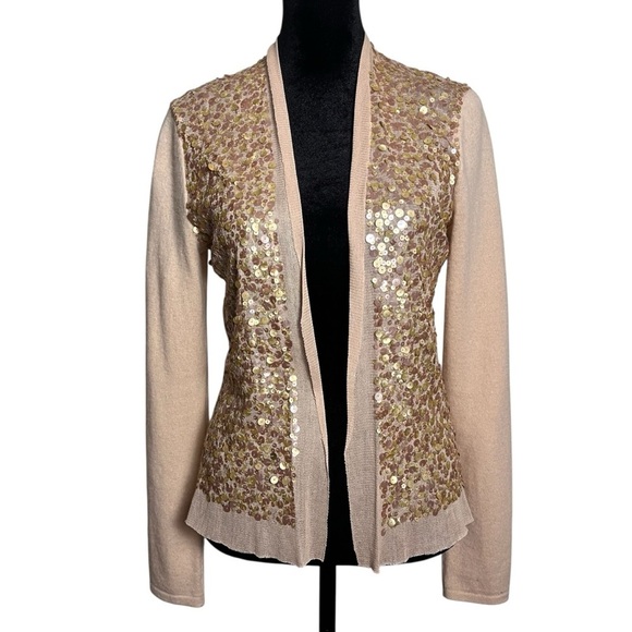 Magaschoni Cashmere Sweaters - Magaschoni Sequined Cashmere Yellow Nude Gold Cardigan Sweater — Size Small